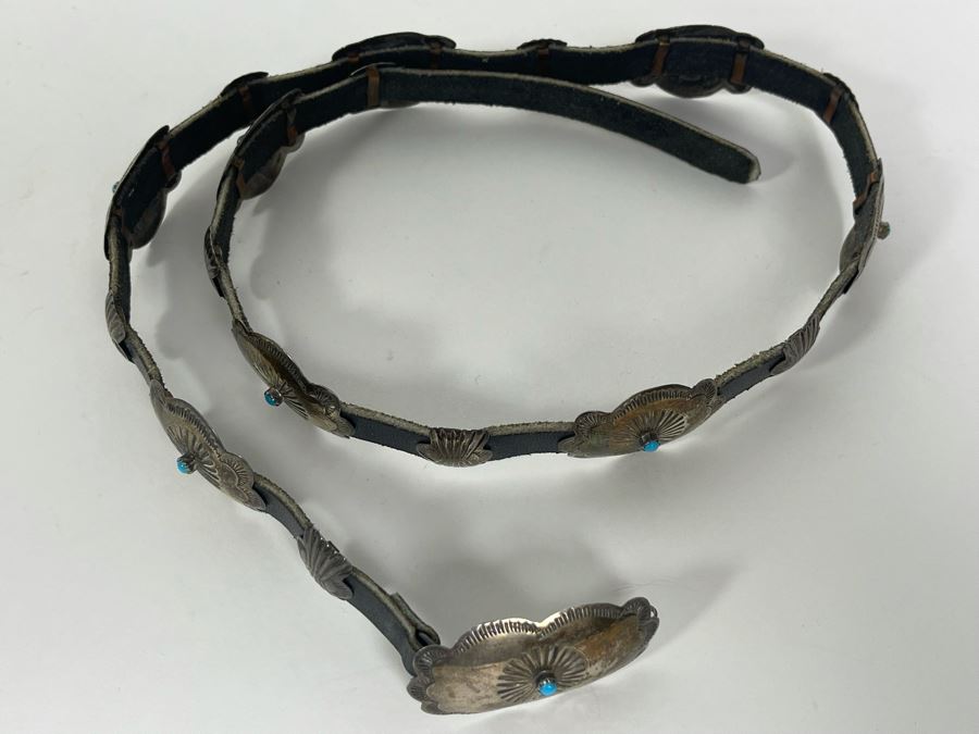 Signed Native American Sterling Silver Turquoise And Leather Concho Hat Band Signed LY 45.5g [Photo 5]