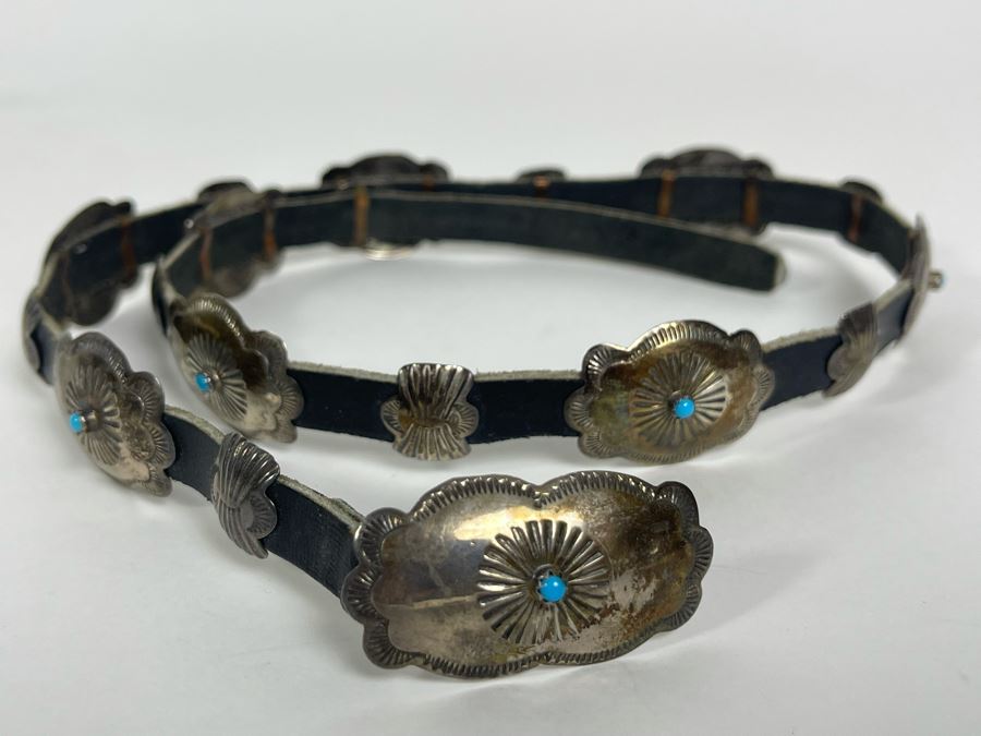 Signed Native American Sterling Silver Turquoise And Leather Concho Hat Band Signed LY 45.5g [Photo 4]