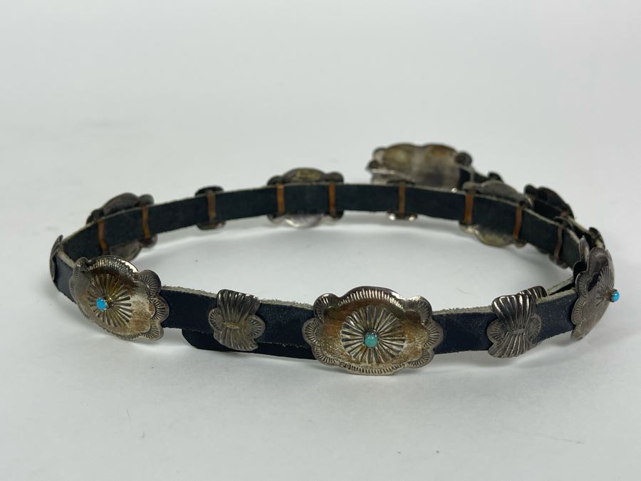 Signed Native American Sterling Silver Turquoise And Leather Concho Hat Band Signed LY 45.5g [Photo 7]