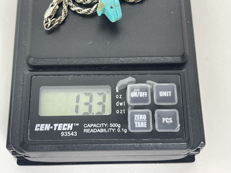 Native American Carved Turquoise Bear Fetish Pendant With Italian Sterling Silver 20' Chain Necklace 13.3g [Photo 7]