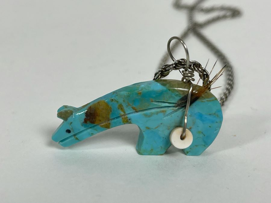 Native American Carved Turquoise Bear Fetish Pendant With Italian Sterling Silver 20' Chain Necklace 13.3g [Photo 3]