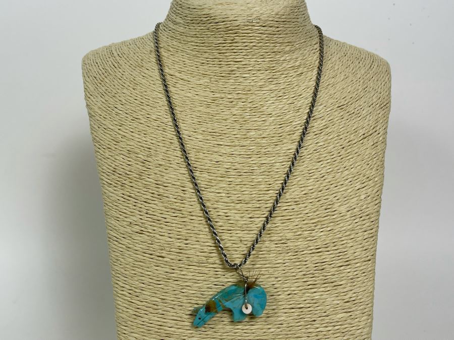 Native American Carved Turquoise Bear Fetish Pendant With Italian Sterling Silver 20' Chain Necklace 13.3g [Photo 2]