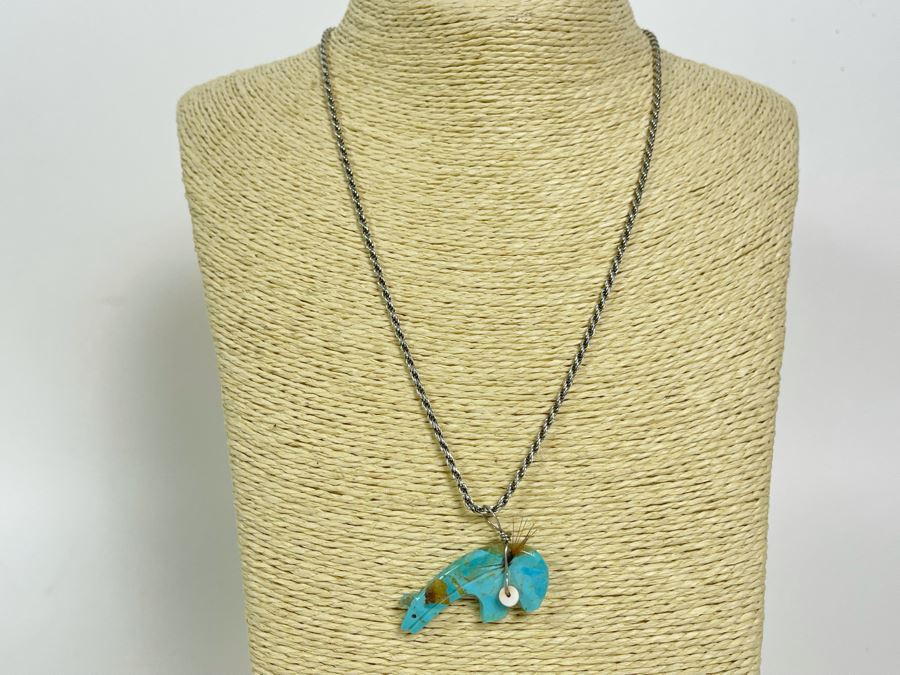 Native American Carved Turquoise Bear Fetish Pendant With Italian Sterling Silver 20' Chain Necklace 13.3g