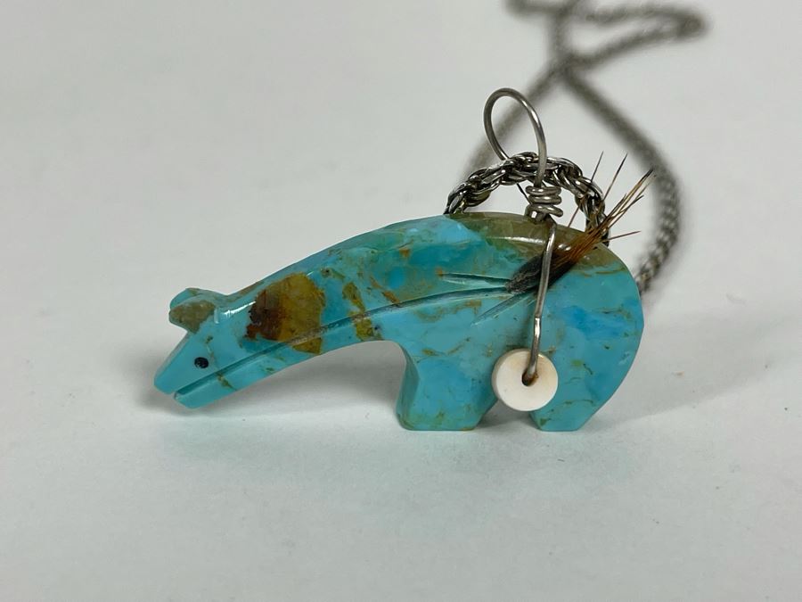 Native American Carved Turquoise Bear Fetish Pendant With Italian Sterling Silver 20' Chain Necklace 13.3g [Photo 4]