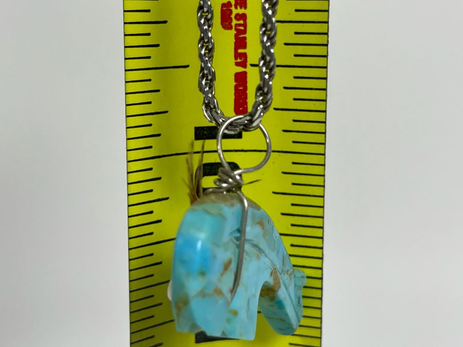 Native American Carved Turquoise Bear Fetish Pendant With Italian Sterling Silver 20' Chain Necklace 13.3g [Photo 6]