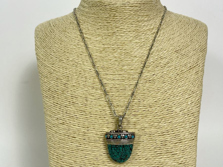 Sterling Silver Turqoise Pendant And Sterling Silver 18' Chain Necklace 15.7g [Photo 2]