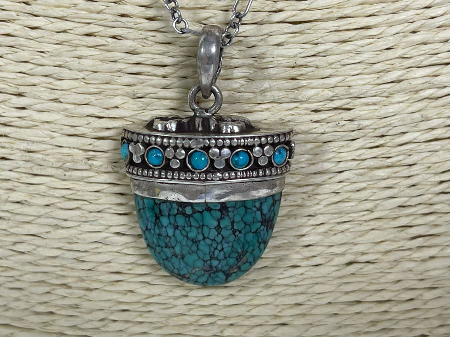 Sterling Silver Turqoise Pendant And Sterling Silver 18' Chain Necklace 15.7g [Photo 3]