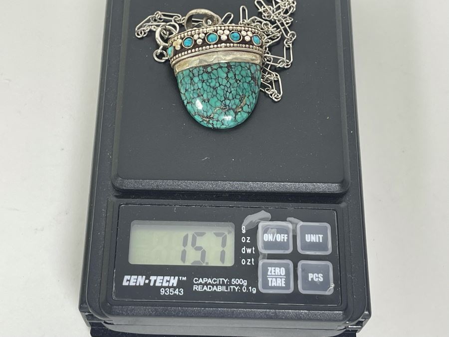 Sterling Silver Turqoise Pendant And Sterling Silver 18' Chain Necklace 15.7g [Photo 8]