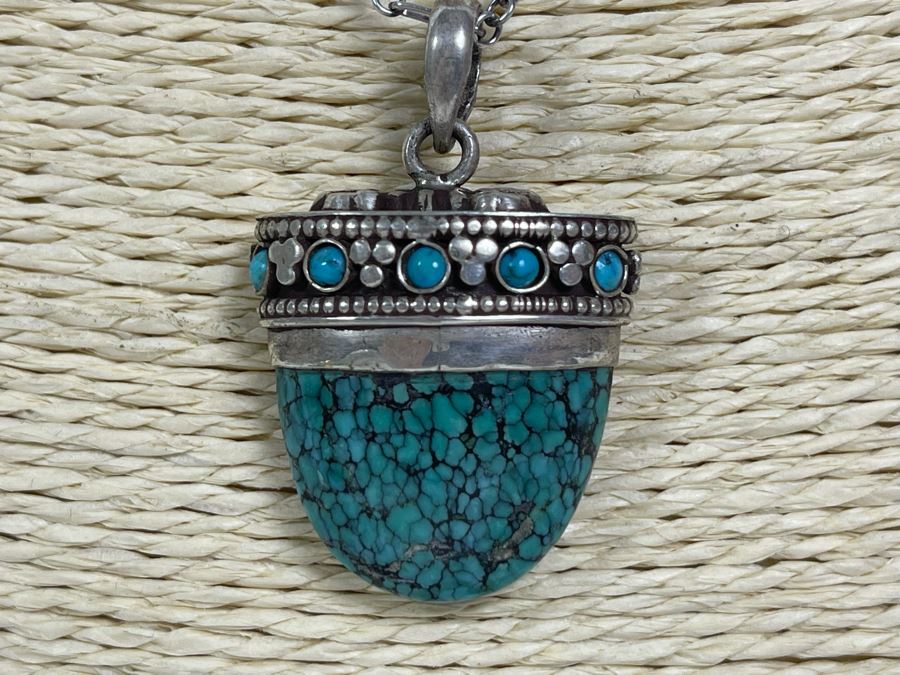 Sterling Silver Turqoise Pendant And Sterling Silver 18' Chain Necklace 15.7g [Photo 4]