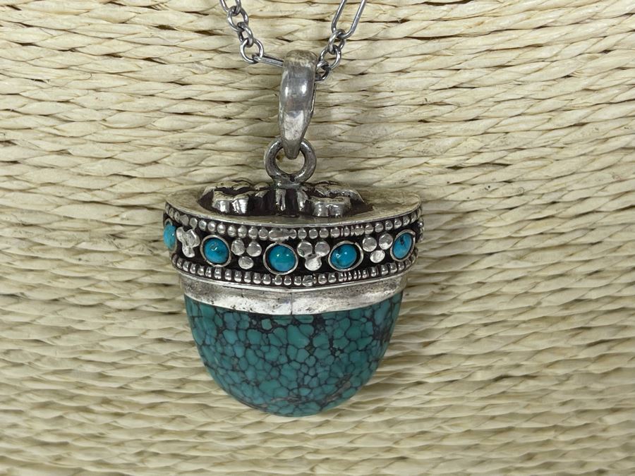 Sterling Silver Turqoise Pendant And Sterling Silver 18' Chain Necklace 15.7g [Photo 5]