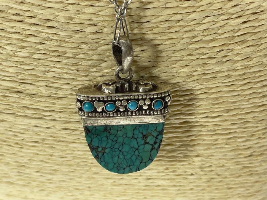 Sterling Silver Turqoise Pendant And Sterling Silver 18' Chain Necklace 15.7g [Photo 6]