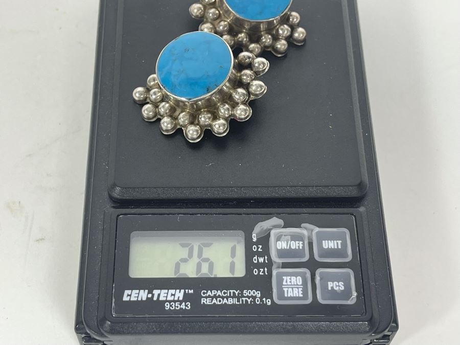 Sterling Silver Turquoise Clip-On Earrings From Mexico 26.1g [Photo 6]