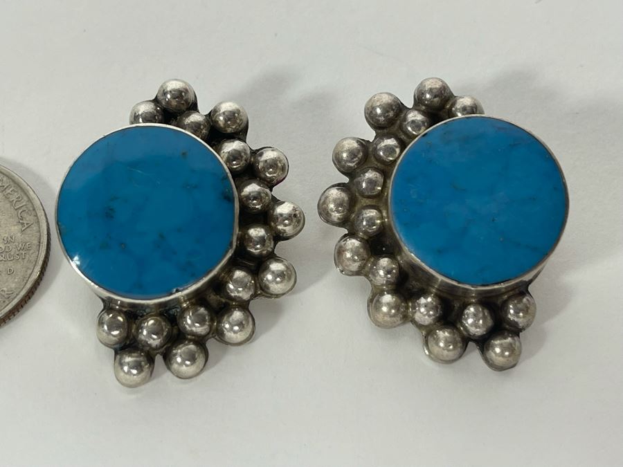 Sterling Silver Turquoise Clip-On Earrings From Mexico 26.1g [Photo 2]