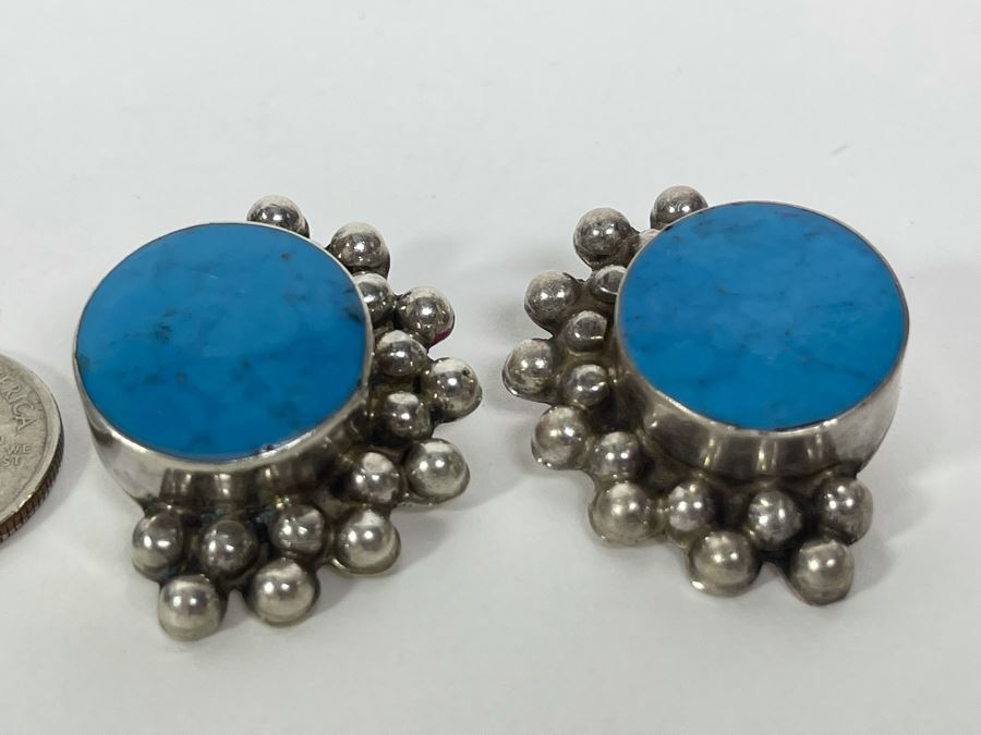 Sterling Silver Turquoise Clip-On Earrings From Mexico 26.1g [Photo 3]
