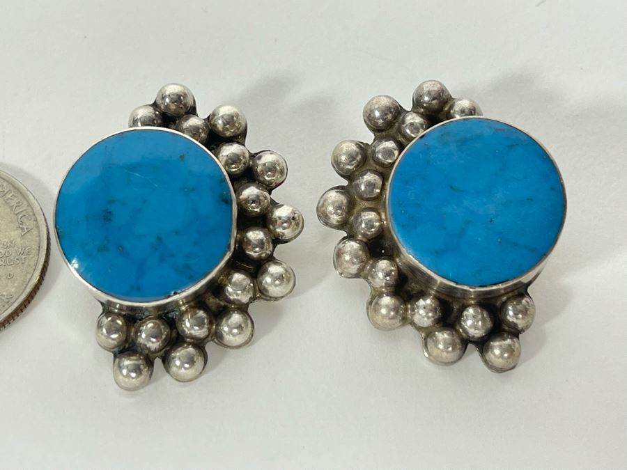 Sterling Silver Turquoise Clip-On Earrings From Mexico 26.1g [Photo 1]