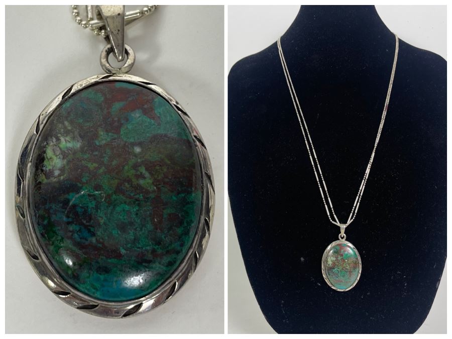 Turquoise Sterling Silver Pendant With Long Sterling Silver 60'L Italy Necklace [Photo 1]