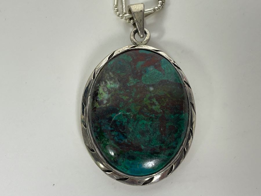 Turquoise Sterling Silver Pendant With Long Sterling Silver 60'L Italy ...