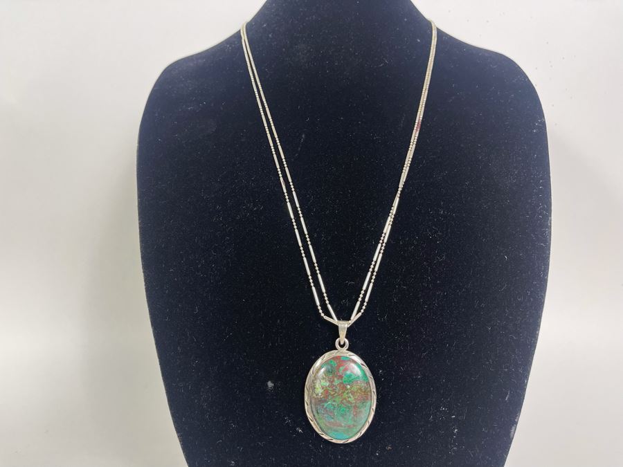 Turquoise Sterling Silver Pendant With Long Sterling Silver 60'L Italy Necklace [Photo 3]