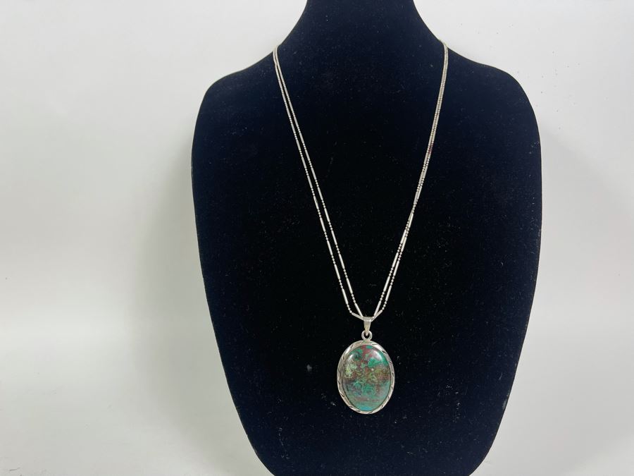 Turquoise Sterling Silver Pendant With Long Sterling Silver 60'L Italy Necklace [Photo 2]