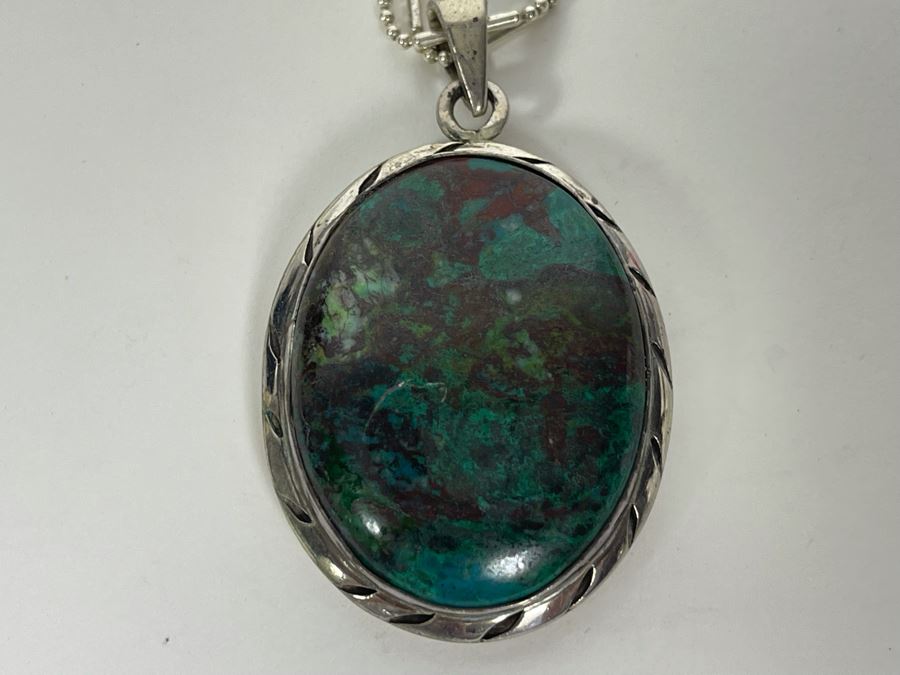 Turquoise Sterling Silver Pendant With Long Sterling Silver 60'L Italy Necklace [Photo 6]