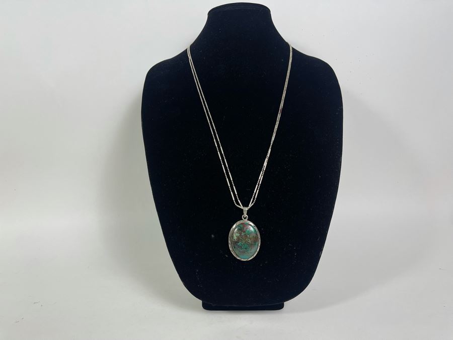 Turquoise Sterling Silver Pendant With Long Sterling Silver 60'L Italy Necklace [Photo 5]