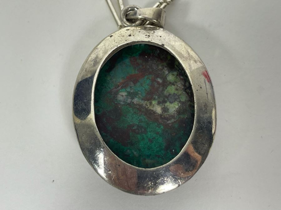 Turquoise Sterling Silver Pendant With Long Sterling Silver 60'L Italy Necklace [Photo 10]