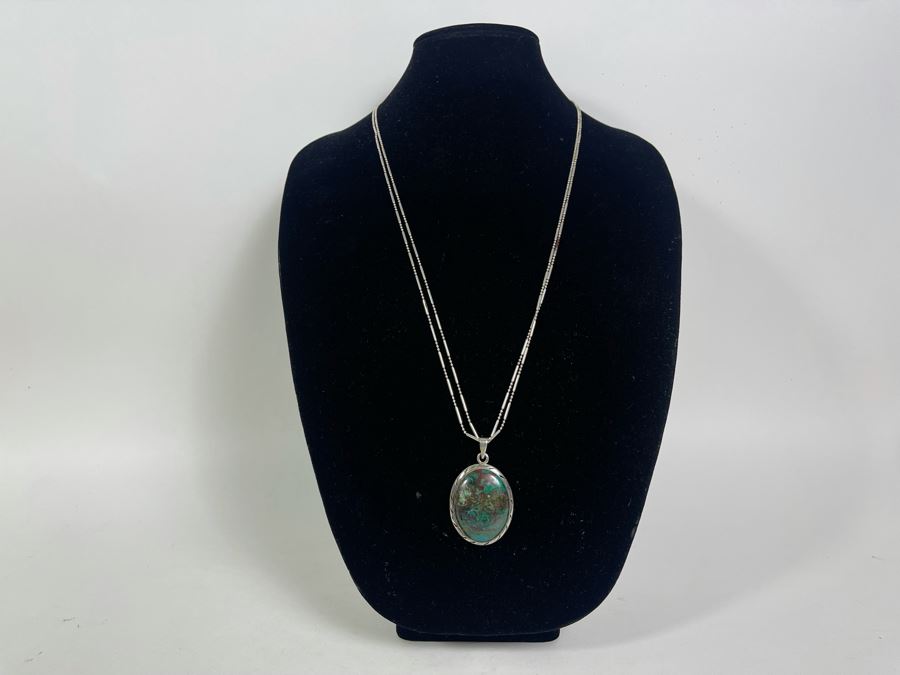 Turquoise Sterling Silver Pendant With Long Sterling Silver 60'L Italy Necklace [Photo 4]