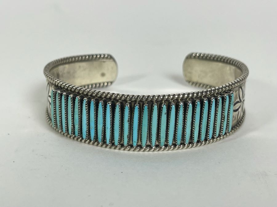Signed Native American Sterling Silver Turquoise Cuff Bracelet Shirley Quam Zuni 25g [Photo 3]