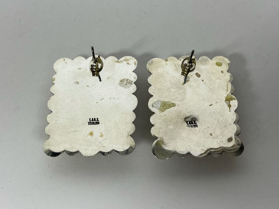 Signed Sterling Silver T. & R.S. Post Earrings With Black Stones 21g [Photo 5]