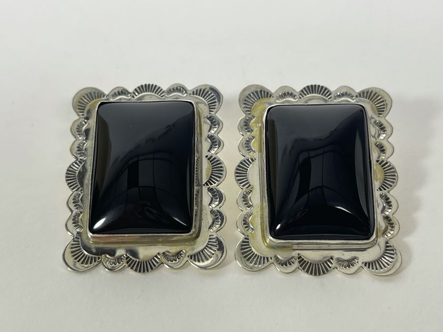 Signed Sterling Silver T. & R.S. Post Earrings With Black Stones 21g [Photo 3]