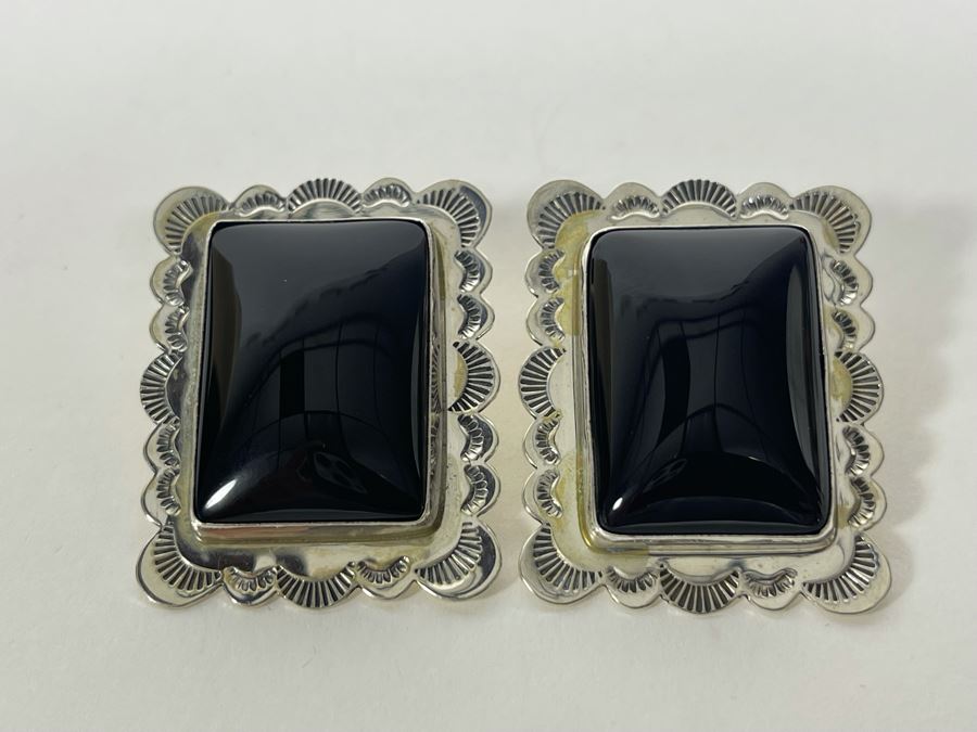 Signed Sterling Silver T. & R.S. Post Earrings With Black Stones 21g [Photo 2]