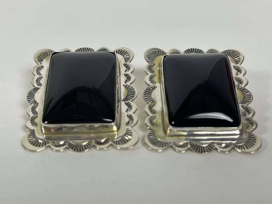 Signed Sterling Silver T. & R.S. Post Earrings With Black Stones 21g [Photo 4]