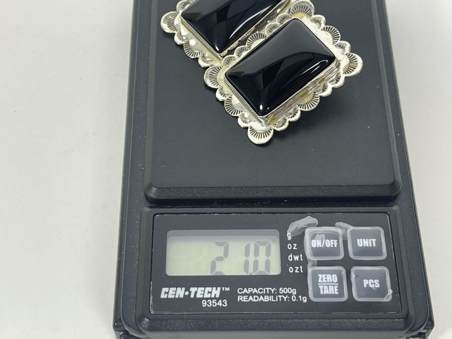 Signed Sterling Silver T. & R.S. Post Earrings With Black Stones 21g [Photo 8]