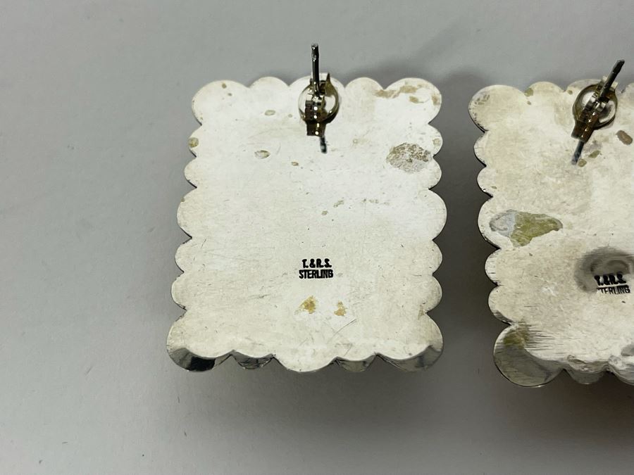 Signed Sterling Silver T. & R.S. Post Earrings With Black Stones 21g [Photo 6]