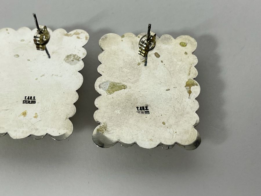 Signed Sterling Silver T. & R.S. Post Earrings With Black Stones 21g [Photo 7]