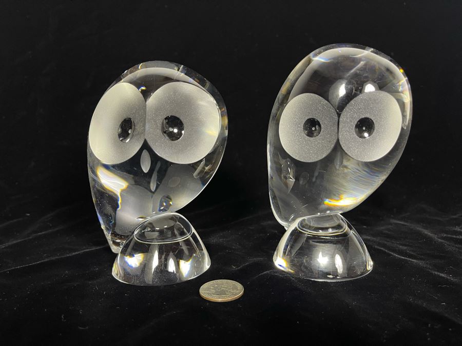 Signed Pair Of Steuben Crystal Owl Sculptures Apx 5H [Photo 4]