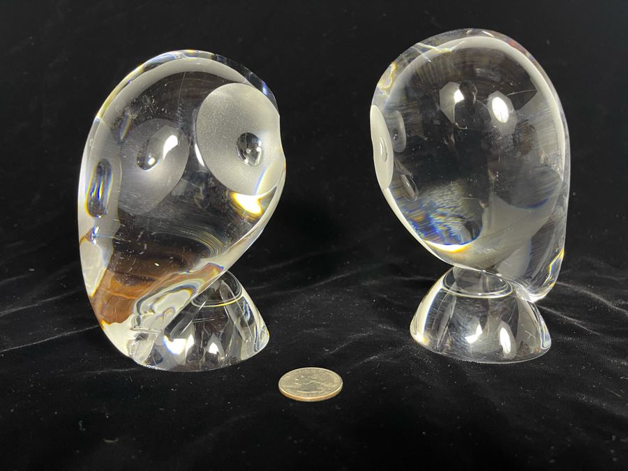 Signed Pair Of Steuben Crystal Owl Sculptures Apx 5H [Photo 5]