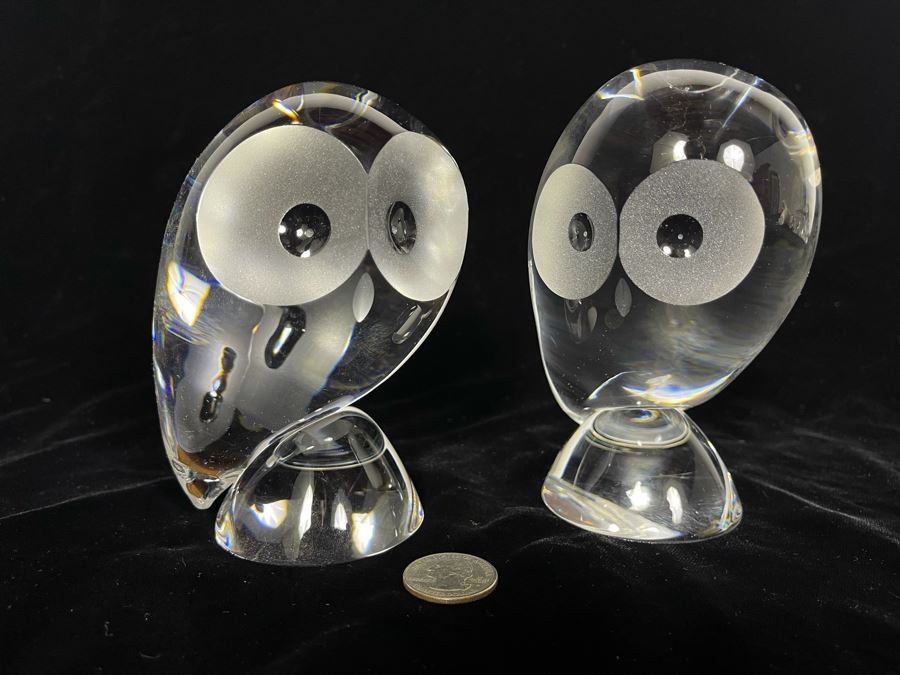 Signed Pair Of Steuben Crystal Owl Sculptures Apx 5H [Photo 3]