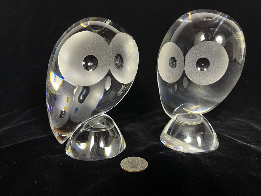 Signed Pair Of Steuben Crystal Owl Sculptures Apx 5H