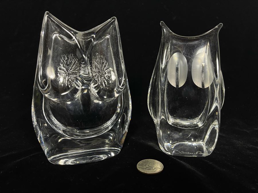 Signed Pair Of Daum France Crystal Owl Sculptures Apx 5.5H
