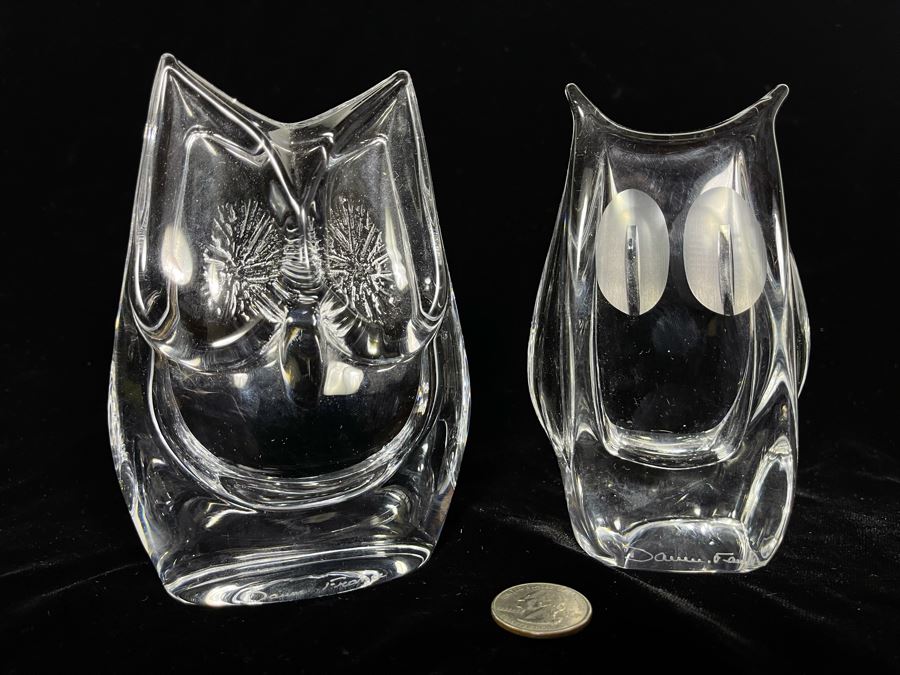 Signed Pair Of Daum France Crystal Owl Sculptures Apx 5.5H [Photo 2]