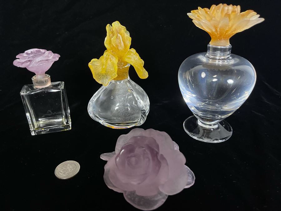 Signed Collection Of Daum France Perfume Bottles With Flower Stoppers And Signed Daum France Purple Flower [Photo 1]