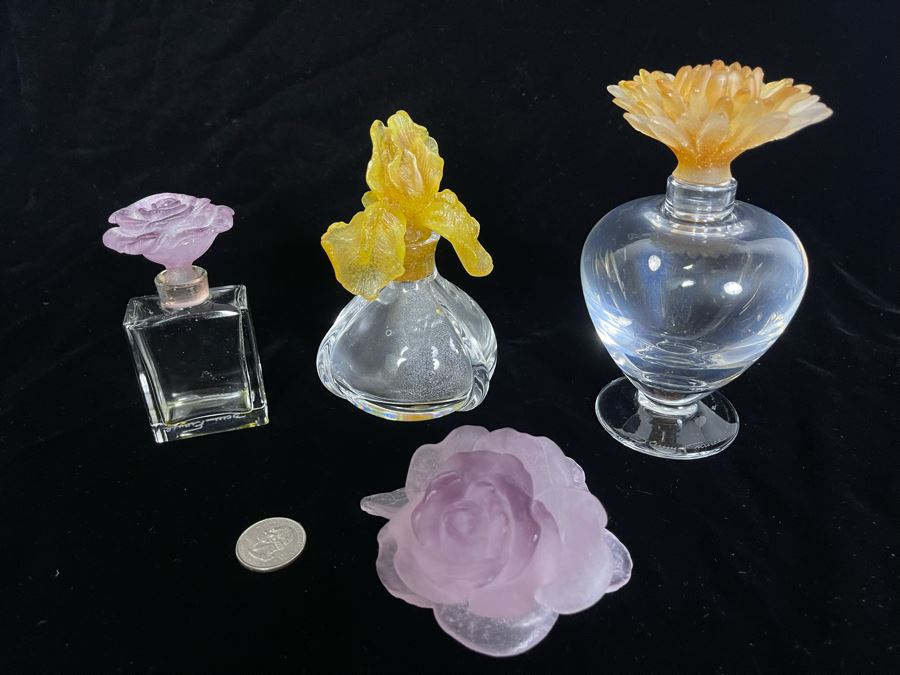 Signed Collection Of Daum France Perfume Bottles With Flower Stoppers And Signed Daum France Purple Flower [Photo 3]