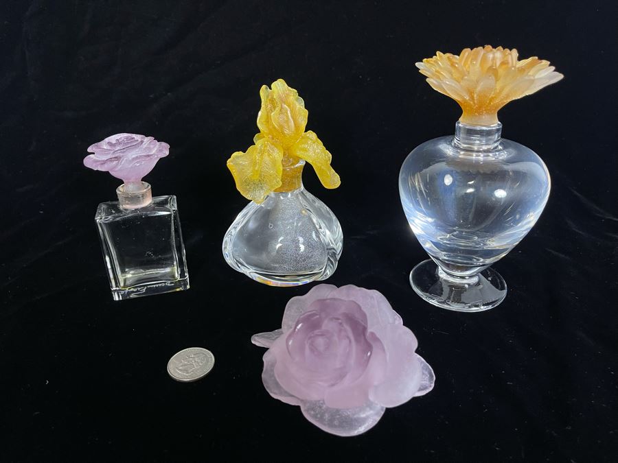 Signed Collection Of Daum France Perfume Bottles With Flower Stoppers And Signed Daum France Purple Flower [Photo 2]