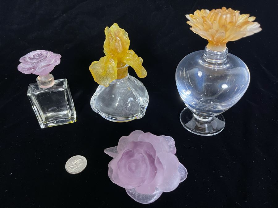 Signed Collection Of Daum France Perfume Bottles With Flower Stoppers And Signed Daum France Purple Flower [Photo 5]