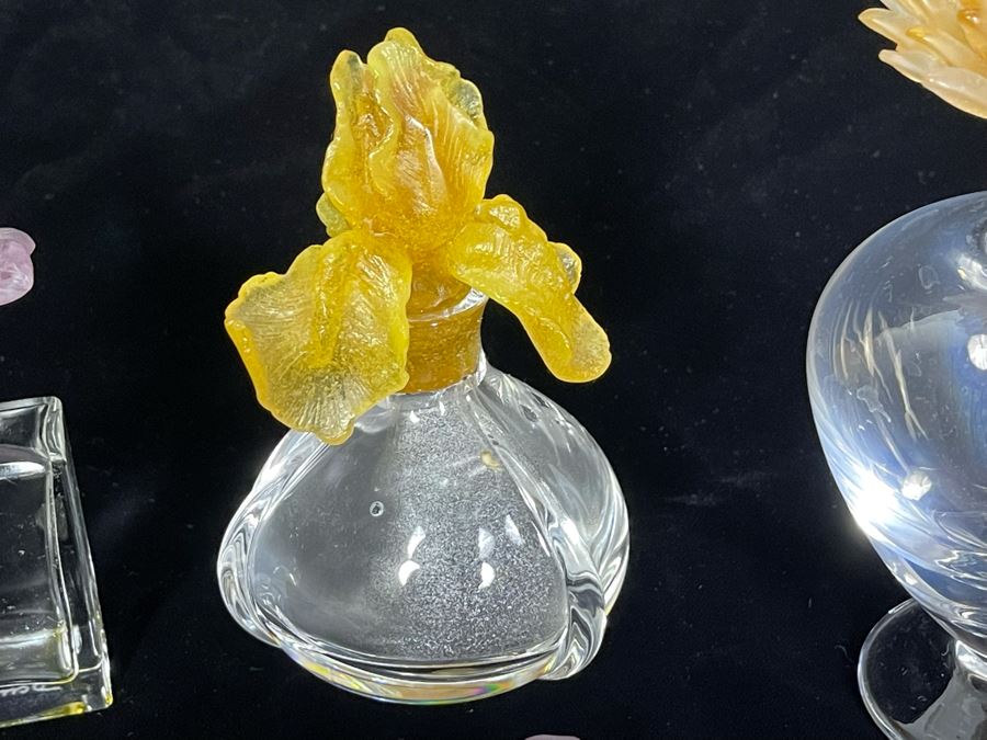 Signed Collection Of Daum France Perfume Bottles With Flower Stoppers And Signed Daum France Purple Flower [Photo 9]