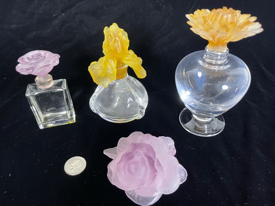 Signed Collection Of Daum France Perfume Bottles With Flower Stoppers And Signed Daum France Purple Flower [Photo 4]