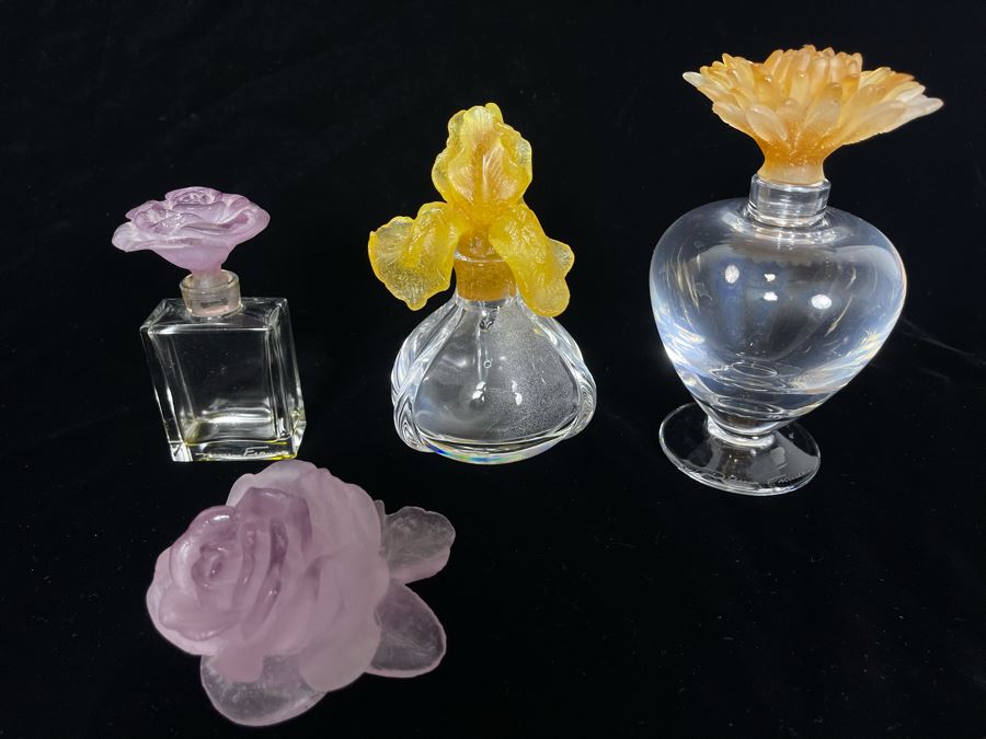 Signed Collection Of Daum France Perfume Bottles With Flower Stoppers And Signed Daum France Purple Flower [Photo 18]