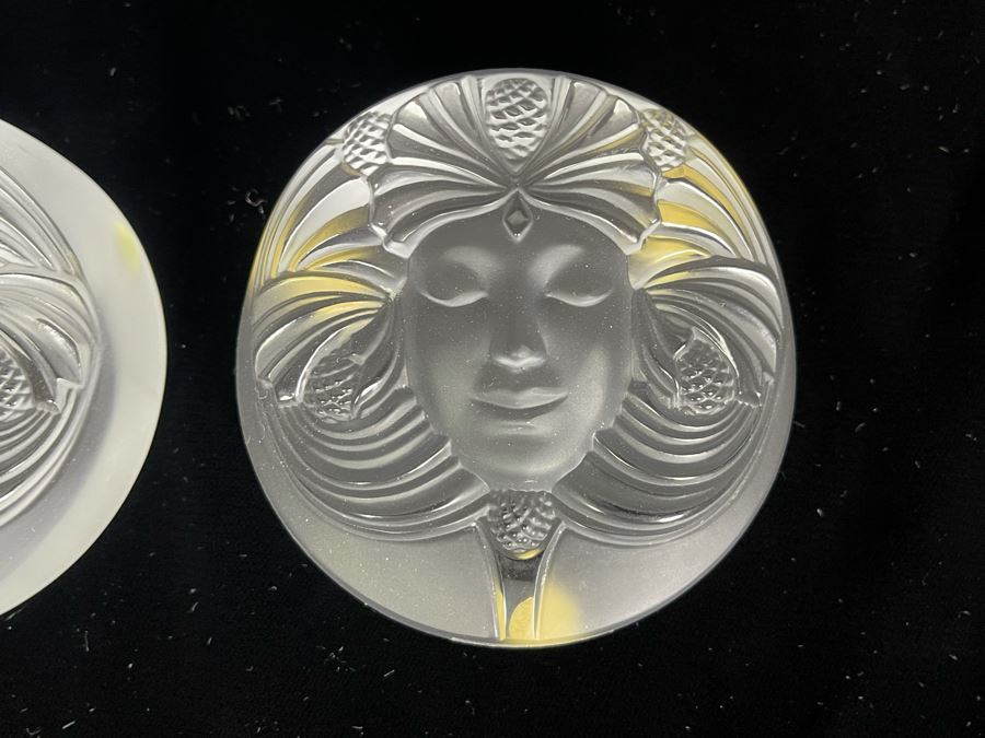 Signed Pair Of Lalique France Crystal Paperweights With Goddess Psyche Face 3.5W Retails $520 Each [Photo 3]