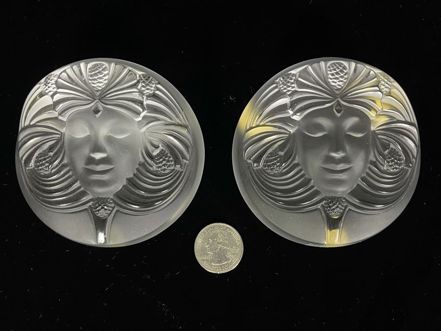 Signed Pair Of Lalique France Crystal Paperweights With Goddess Psyche Face 3.5W Retails $520 Each [Photo 6]